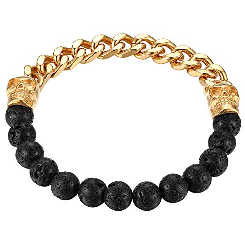 Flongo Energie Armband Energiearmband Edelstahl Herren Armband Männer Panzerkette mit Löwenkopf Lava EnergieStein Gold Schwarz Gebet Mala Kugel Perle Perlen