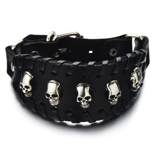 COOLSTEELANDBEYOND Gotik Schädel-Armband Herren Armband Schwarz Leder-Armband Große Schweißband Echte Leder