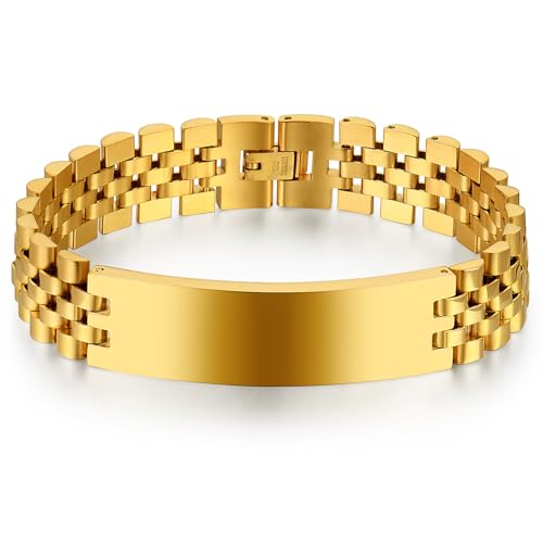 JewelryWe Personalisiert Armband Herren mit Gravur: Gold Edelstahl Glieder Link Armkette Armreif mit Gravurplatte - Individuelles Geschenk für Männer Papa Ehemann