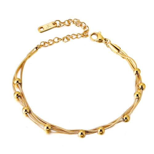KIM JOHANSON® Edelstahl Damen Armband *Kala* in Gold | Armkette mit vielen festen Kugeln | Wasserfest | Boho Schmuck für Frauen | Kreise | Multi Layer | Verstellbare Länge | Inkl. Schmuckbeutel