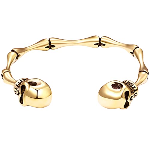 JewelryWe Schmuck Armreif Herren Gotik Punk Gegenüber Totenkopf Schädel Edelstahl Offen Armband Armspange Geschenk für Männer Gold
