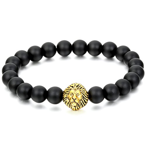 Flongo 8mm Metalllegierung Legierung Energiearmband Energie Armband Link Handgelenk EnergieStein Schwarz Gold Golden Löwe Kopf Gebet Mala Kugel Perle Perlen Herren,Damen
