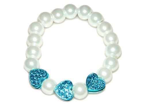 Blau Strass Herzen & Weiß Perlen Elastic Armband bb35b
