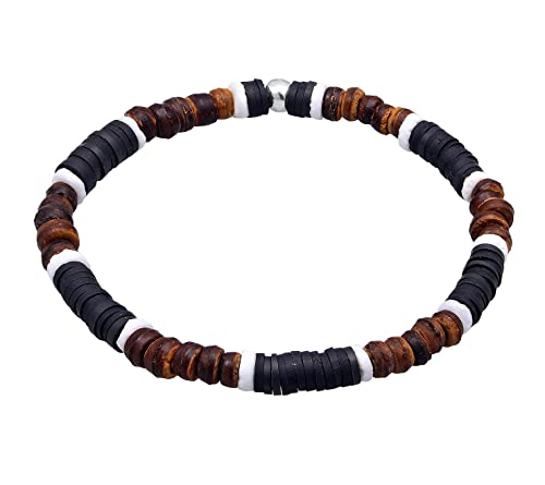 Kuzzoi Buddha Herren Armband aus Heishi und Kokosnuss Holz Perlen (6 mm) mit oxidierten 925 Sterling Silber Elementen Muschel Beads Armband für den Mann elastisch, Länge 21 cm