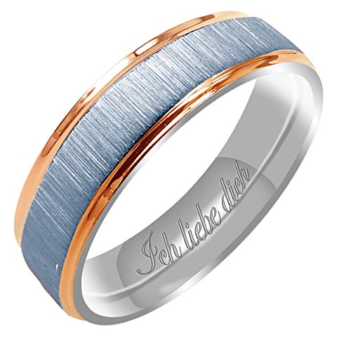 Everstone Männer Matt & Gebürstet 6MM Flach Partnerringe Trauringe Eheringe aus Titan Zweifarbig: Rotgold & Platin Lasergravur Ich liebe dich
