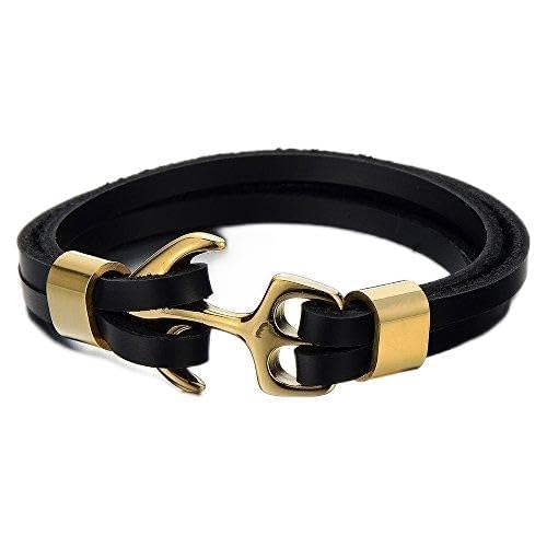 COOLSTEELANDBEYOND Edelstahl Gold Anker Armband Herren Armband Schwarz Lederarmband Leder Armreif