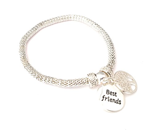 Equilibrium Freundschaftsarmband mit Baum-des-Lebens-Charm und Anhänger Best Friends, dehnbar, versilbert