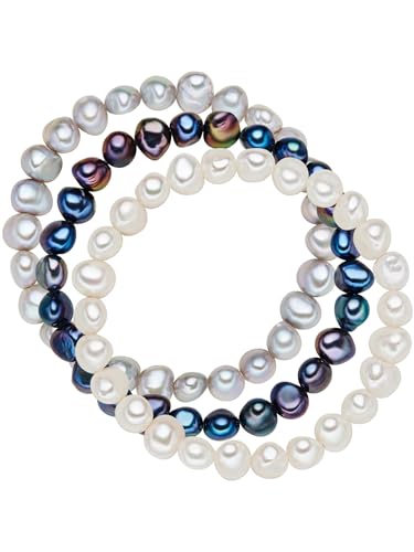 Valero Pearls Damen-Armband 3er Set Süßwasser-Zuchtperle weiß silber dunkelblau 19 cm - Perlenarmbänder mit echten Perlen