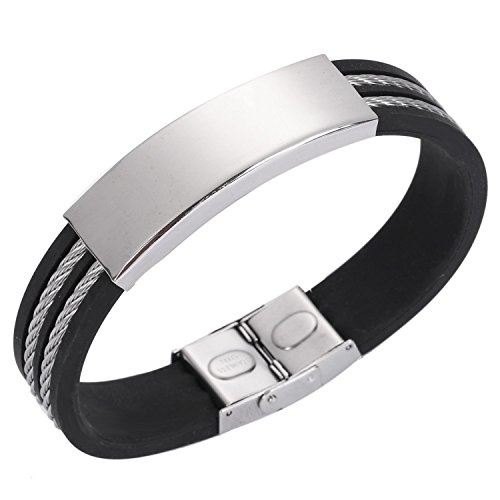 MaiMin Armband aus Silikon, Edelstahl, Punk-Stil, silberfarben, Edelstahl + Silikagel