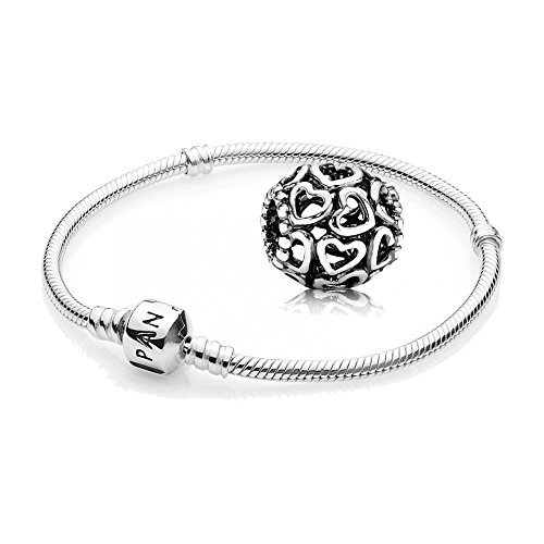 Original Pandora Geschenkset - 1 Silber Armband 590702HV-19 und 1 Silber Element 790964 Öffne Dein Herz