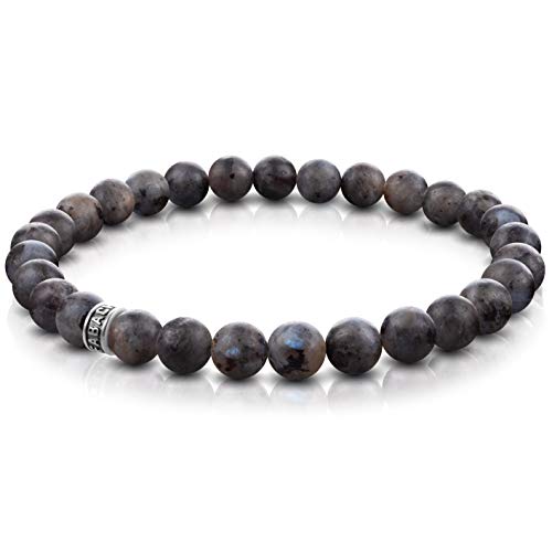 FABACH Labradorit Perlenarmband mit 6mm Edelstein-Perlen und 925 Sterling Silber Logo-Perle - Edles Naturstein Stretch-Armband für Damen (Grau-Schwarz)