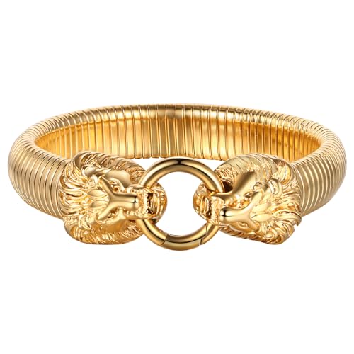 JewelryWe Löwe Armband Herren Armreif: Gold Edelstahl Gegenüber Löwenkopf Elastisch Armspange Manschette Stretch Armband mit O-Ring Kreis Gothic Punk Biker Schmuck Geschenk für Männer Frauen