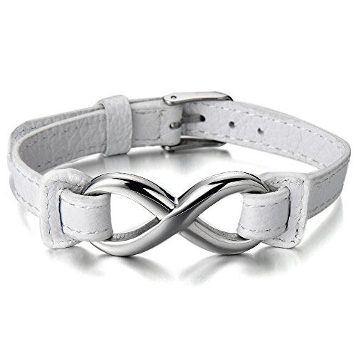 COOLSTEELANDBEYOND Infinity Unendlich Liebe Leder-Armband für Herren für Damen mit Edelstahl und Weiß Echtes Leder