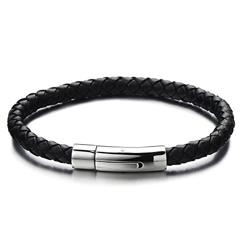 COOLSTEELANDBEYOND Unisex Dünn Leder-Armband für Herren für Damen Schwarz Geflochtenes Leder Armreif Schweißband mit Edelstahl Leiterverschluss