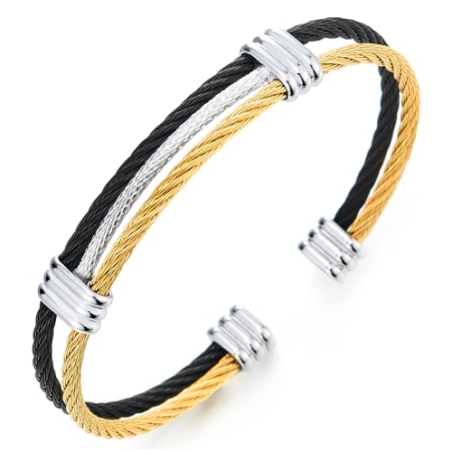 COOLSTEELANDBEYOND Herren Damen Edelstahl Elastische Armband Verstellbare Stahlkabel Armreif Schwarz Silber Gold
