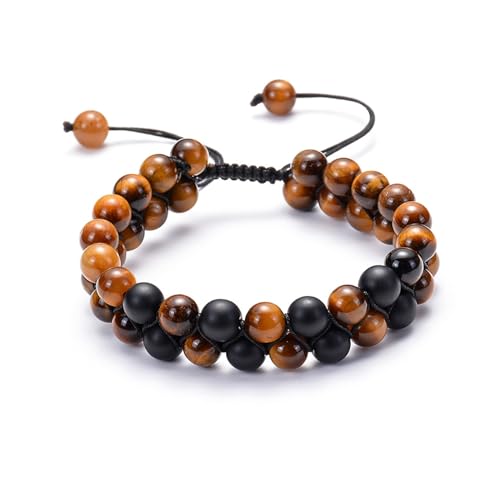 Wycian Bracelet Men Stainless Steel, Edelstein Armband Verstellbar Perlen Tigerauge Schwarz Braun Edelstahl Verstellbare Doppelschicht 19cmx8mm 1er