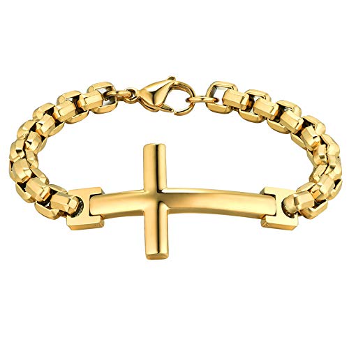 JewelryWe Schmuck Armband Herren Poliert Kreuz Gliederkette Edelstahl Armreif Armkette für Männer Frauen Gold