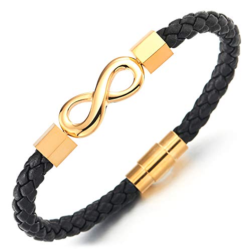 COOLSTEELANDBEYOND Herren Damen Schwarz Geflochtene Leder Armband mit Edelstahl Gold Infinity Symbol Unendlich Liebe Number 8, Magnetverschluss