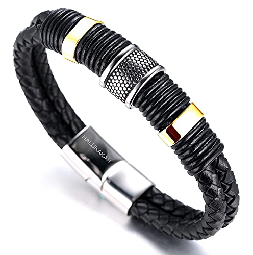 Halukakah ? Solo ? Herren-Armband Handgefertigt | Echtleder in Schwarz | Magnetverschluss aus Edelstahl | Titan Perlen Gold & Silber | KOSTENLOS Geschenkbox | Tolle Geschenkidee | 21.5cm
