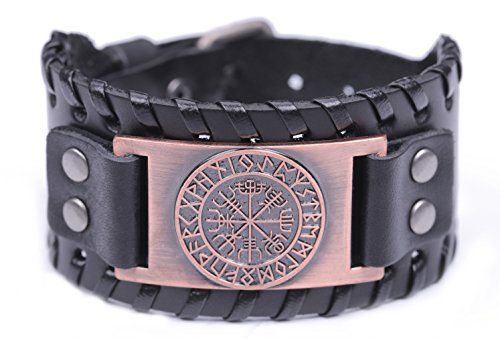TEAMER Vintage Nordic Viking 24 Runen Lederarmband Isländisches Vegvisir Symbol für Glück und Segen, Leder