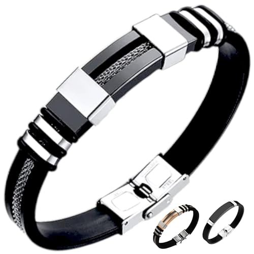 Armband Herren Edelstahl schwarz Herrenarmbänder 21,5 cm Silikonarmband Punkstyle Armreifen Armbänder für Herren Geschenk Herrenarmand Männer Geschenke Herren Schmuck (silber)