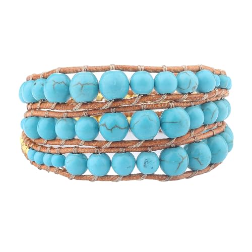 KELITCH Türkis Armbänder Naturleder 3 Wickelarmbänder Goldketten Verstellbare Freundschaftsarmbänder Armreifen (Grün 2)