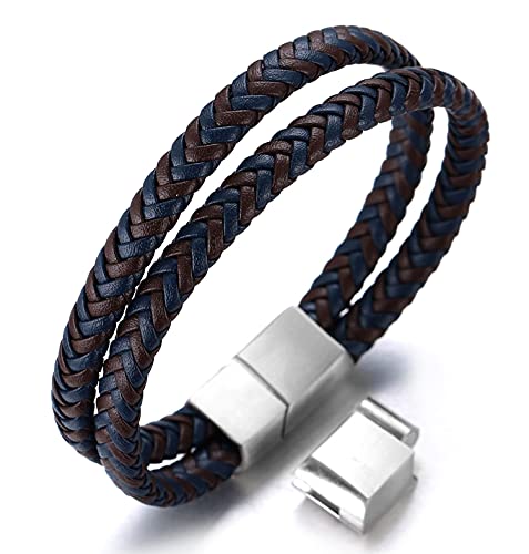 Halukakah ? Golf ? Herren Echtes Leder Armband Blauer mischen Braun Geflochtenes Doppelt Wickeln Silber Titan Magnetverschluss Größe Einstellbar 21.5-23cm mit Kostenloser Geschenkbox