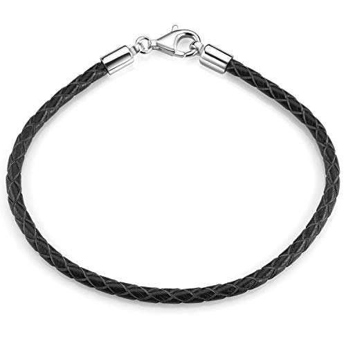 MATERIA by Matthias Wagner Damen Herren Beads Armband Leder 3,2mm schwarz 925 Silber Lederarmband 18-22cm A58, Länge:20 cm