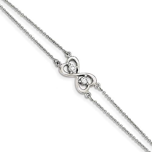 925 Sterling Silber Federring poliert CZ Zirkonia Simulierte Diamant Liebe Herz Zwei Stränge Armband Schmuck Geschenke für Frauen, Metall, Zirkonia