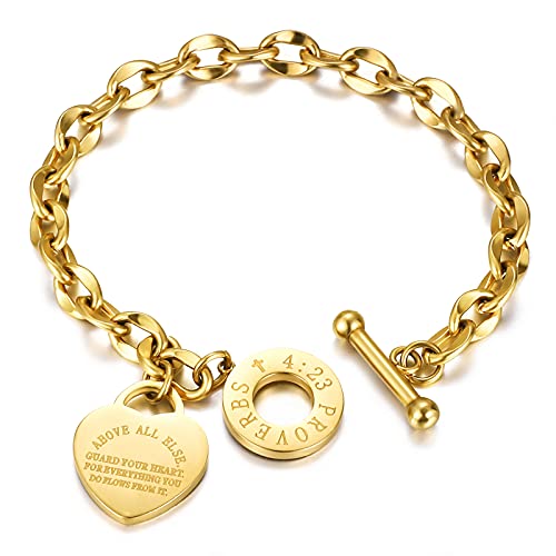 Emibele Armband mit Gravur, Edelstahl Gliederarmkette mit Herzanhänger & OT Schnalle für Damen Mädchen, Gliederkette Schmuck mit Bibelversen Sprüche 4:23 - Gold
