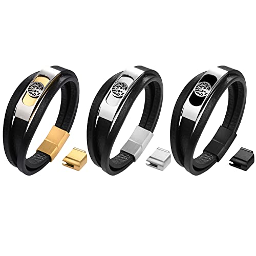 JewelryWe Schmuck 3pcs Lebensbaum Armband Herren Lederarmband Baum des Lebens Leder Geflochten Verstellbar Armreif Manschette Wickelarmband mit Edelstahl Magnetverschluss, Schwarz Gold Silber