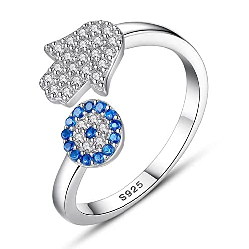 WEITING Sterling Silber Böser Blick Blaues Auge Hamsa Hand Fatima Hand Verstellbare weibliche Ringe Offene Größe Ring Hochzeit Schmuck Weißgold Farbe