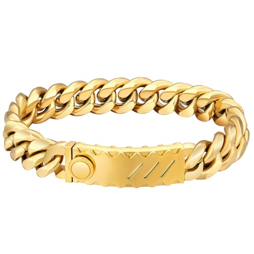 KRKC&CO 12mm Herren Armband mit Rechteck Verschluss, 18K Gold beschichtet Panzerarmband, breite dicke Edelstahl Cuban Armband, Hip Hop Wikinger Biker Schmuck Geschenk für Männer Jungs [Länge 20,3cm]
