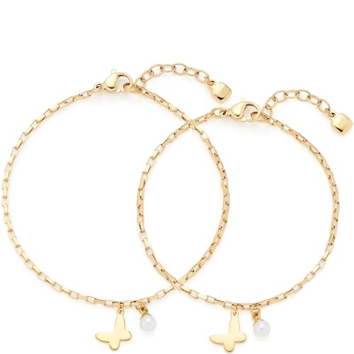 JEWELS BY LEONARDO Armband Julien Mutter & Tochter • Arm-Ketten Set aus goldfarbenem Edelstahl • Anker-Vierkant-Kette mit Imitationsperle und Schmetterling-Anhänger • Schmuck Geschenk • 023921