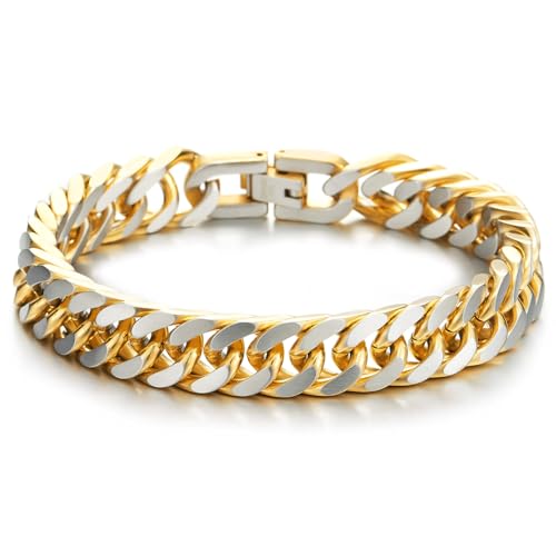 COOLSTEELANDBEYOND Herren Edelstahl Gold Silber Zweifarbig Panzerkette Armband, Satinier