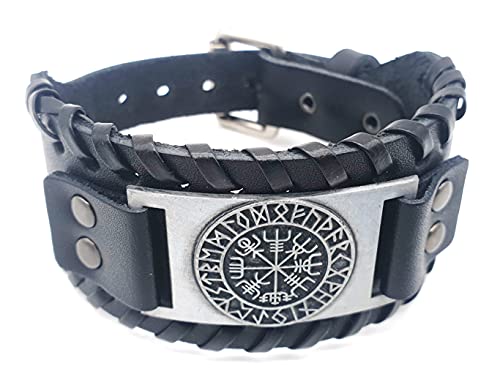 Vikings Armband Vegvisir Wikinger Kompass Leder Metall schwarz silber