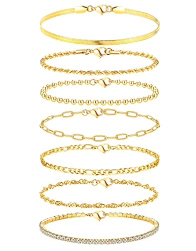 Adramata 7Pcs Ketten Armbander für Damen 14 Karat Vergoldet Armkette Damen Twist Figaro Kettenarmbänder Verstellbar CZ Modeschmuck Armbander Set Silber Gold Armbander für Damen Mädchen