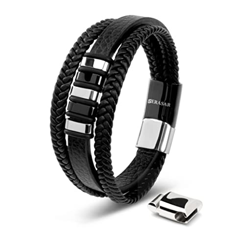 SERASAR Lederarmband für Herren – Schwarz/Silber/Gold, mit Magnetverschluss aus Edelstahl, verstellbares Armband für Herren und Jugendliche, Accessoires für Herren, Geschenkidee für Ehemann, Freund,