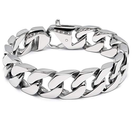 Schmuck-Checker massives 316L Edelstahl Panzerarmband Männerarmband Silber poliert breit schwer Herren Armband Armkette Bikerschmuck Geschenk (19.0)