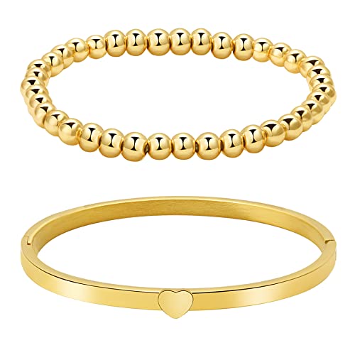 JewelryWe Schmuck 2 Stück Damen Armband Personalisierte Edelstahl Poliert Herz Liebe Armreif Armspange Kugeln Perlen Armkette Stretcharmband Gravur Gold