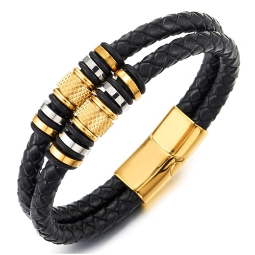 COOLSTEELANDBEYOND Herren Schwarz Geflochtenem Leder Armband mit Silber Gold Farbe Edelstahl Strukturierte Wulst, Doppel-Lap Armreif