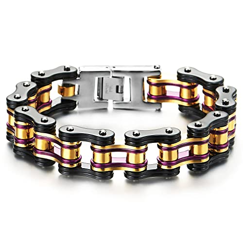 COOLSTEELANDBEYOND Herren Motorrad Armband Fahrradkette Motorradkette aus Edelstahl, Schwarz Gold Lila, Hochglanz Poliert