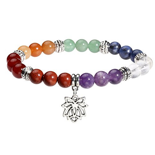 MILAKOO 7 Chakra Perlen Armband mit Lotus Symbol Anhänger Bettelarmband für Frauen Männer