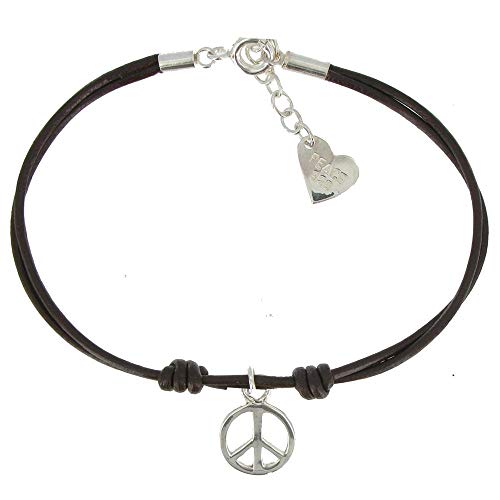 LES POULETTES BIJOUX - Silber Armband Peaceand Love Link Dark Braunem Leather