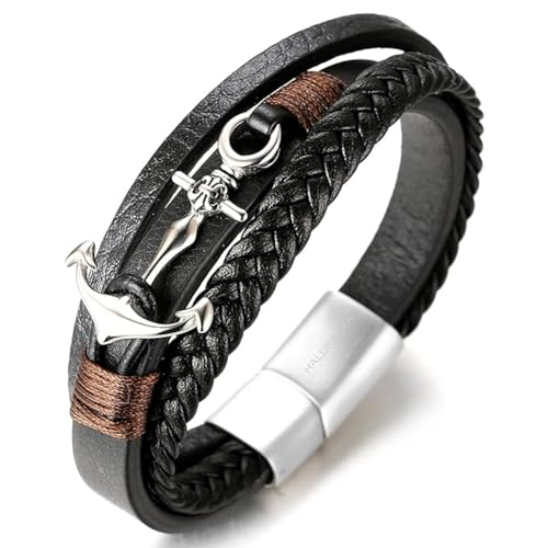 Halukakah ? Segeln ? Herren-Armband Handgefertigt | Echtleder Schwarz | Magnetverschluss Edelstahl in Silber | Wickelarmband 3 Runde | mit Titan Anker | KOSTENLOS Geschenkbox | 21.5cm