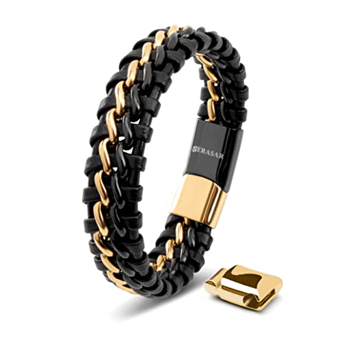 SERASAR Armband Herren 20cm Schwarz Gold Männer-Armband Leder-Armreif Herrenarmreif Armschmuck Leder-Schmuck Herrenschmuck Armkette Flecht-Armband Leder-Wickelarmband Armbändchen Men Leather Bracelet