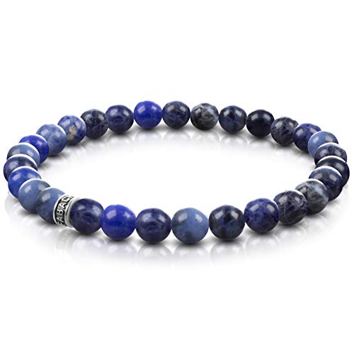 FABACH Sodalith Perlenarmband mit 6mm Edelstein-Perlen und 925 Sterling Silber Logo-Perle - Edles Naturstein Stretch-Armband für Damen (Blau)