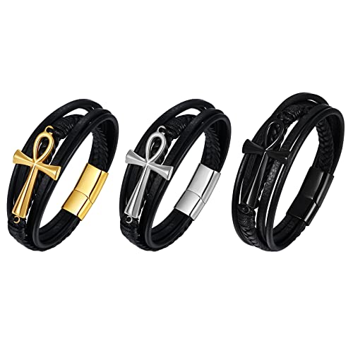 JewelryWe Schmuck 3pcs Herren Lederarmband, Retro Ägyptische Ankh Kreuz Edelstahl Leder Armband Armreif Manschette, Schwarz Gold Silber