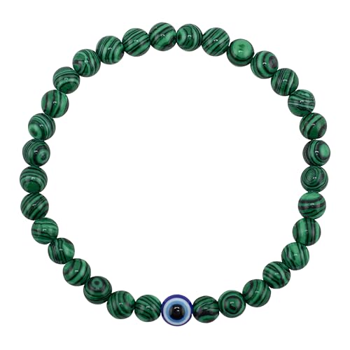 Lameybrt 6mm Auge des Bösen Blick Armband Schutz Stretch Armbänder mit Naturstein für Männer Handgemacht Heilsteine und Herrenarmband (A08 Malachite, Große 21cm)