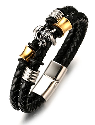 Halukakah ? Tango ? Herren-Armband Handgefertigt | Echtleder Schwarz | Magnetverschluss Edelstahl in Silber | mit Titan Schädelform Perlen in Gold & Silber | KOSTENLOS Geschenkbox | 21.5cm